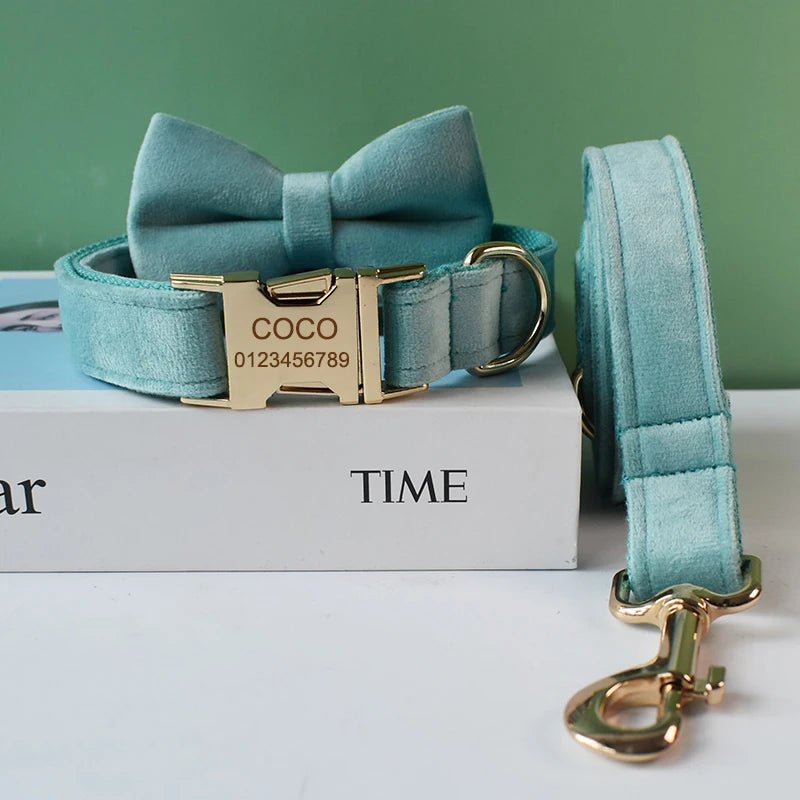 Petspuff Personalised Emerald Green Velvet Dog Collar & Lead with Bow – Engraved Name Tag | S–XL