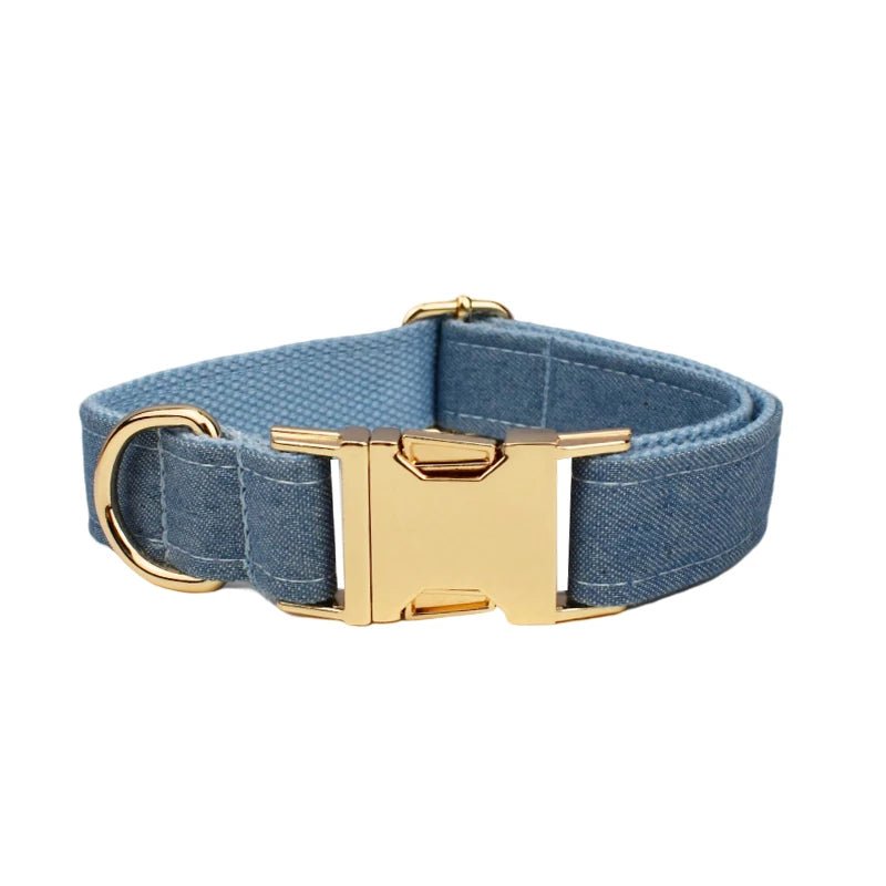 Petspuff Personalised Blue Denim Cotton Dog Collar, Harness & Lead Set – Engraved Name Tag & Bow