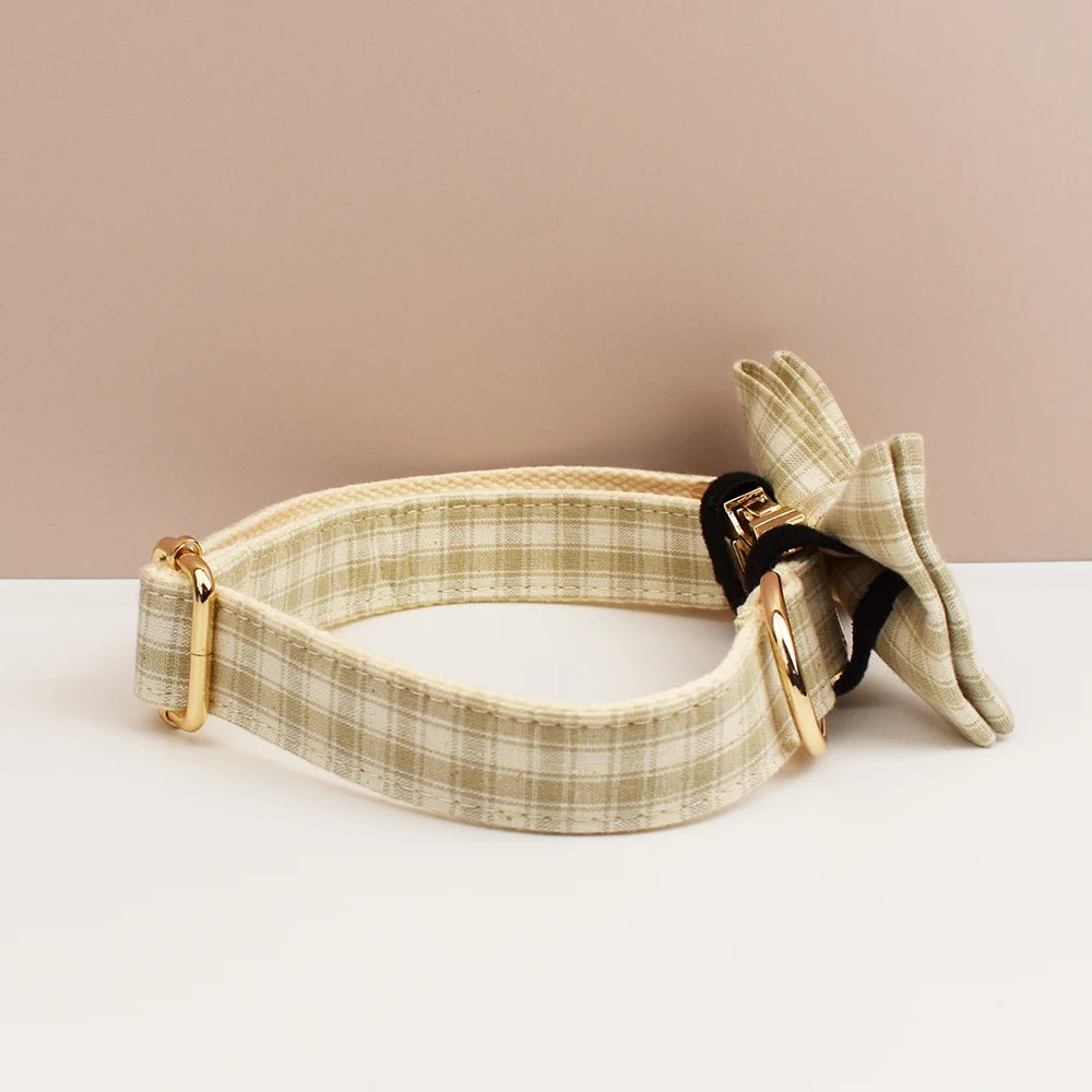 Petspuff Personalised Plaid Dog Collar, Harness & Lead Set – Engraved Name Tag & Bow | Style 23