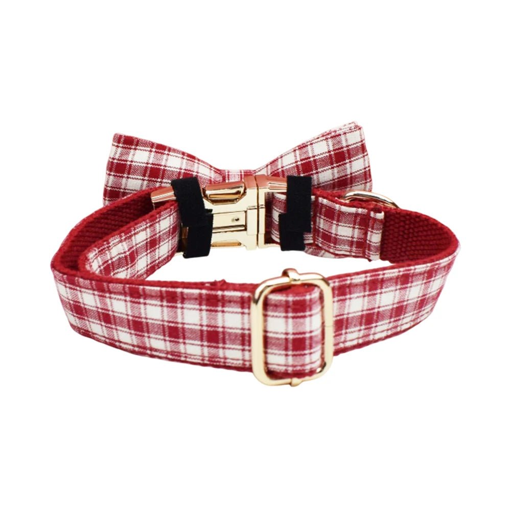 Petspuff Personalised Red Plaid Dog Collar, Harness & Lead Set – Engraved Name Tag & Bow | Style 28