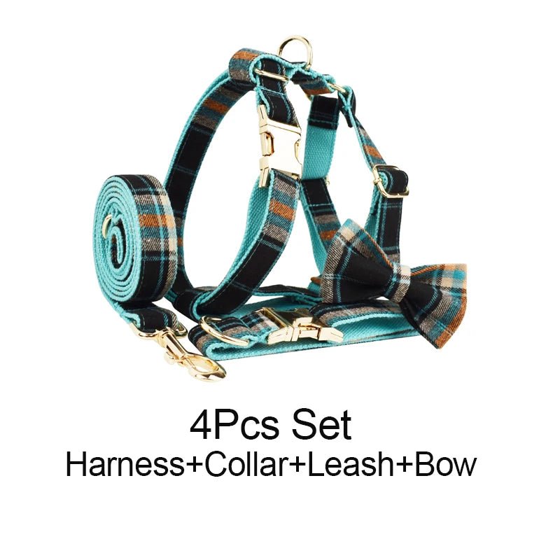 Petspuff Plaid Dog Collar, Harness & Lead Set with Bow – 4-Piece Walking Set | XS–XL