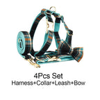 Petspuff Plaid Dog Collar, Harness & Lead Set with Bow – 4-Piece Walking Set | XS–XL