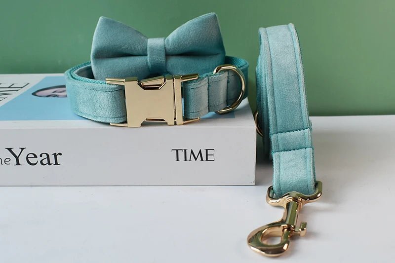 Petspuff Personalised Emerald Green Velvet Dog Collar & Lead with Bow – Engraved Name Tag | S–XL
