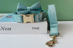 Petspuff Personalised Emerald Green Velvet Dog Collar & Lead with Bow – Engraved Name Tag | S–XL