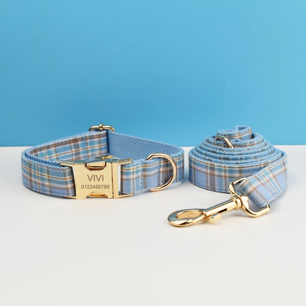 Petspuff Personalised Check Plaid Dog Collar & Lead Set – Engraved Name Tag, Bow & Harness
