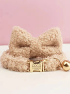 Petspuff Personalised Teddy Fleece Cat Collar with Bell & Bow Tie – Engraved Name Tag