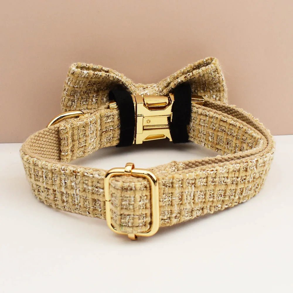Petspuff Personalised Light Khaki Dog Collar, Harness & Lead Set – Engraved Nameplate & Bow