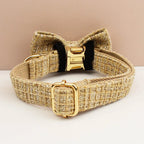 Petspuff Personalised Light Khaki Dog Collar, Harness & Lead Set – Engraved Nameplate & Bow