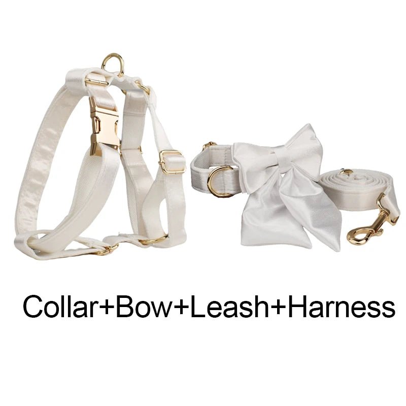 Petspuff Personalised Printed Dog Collar & Lead Set – Engraved Name Tag, Bow & Harness