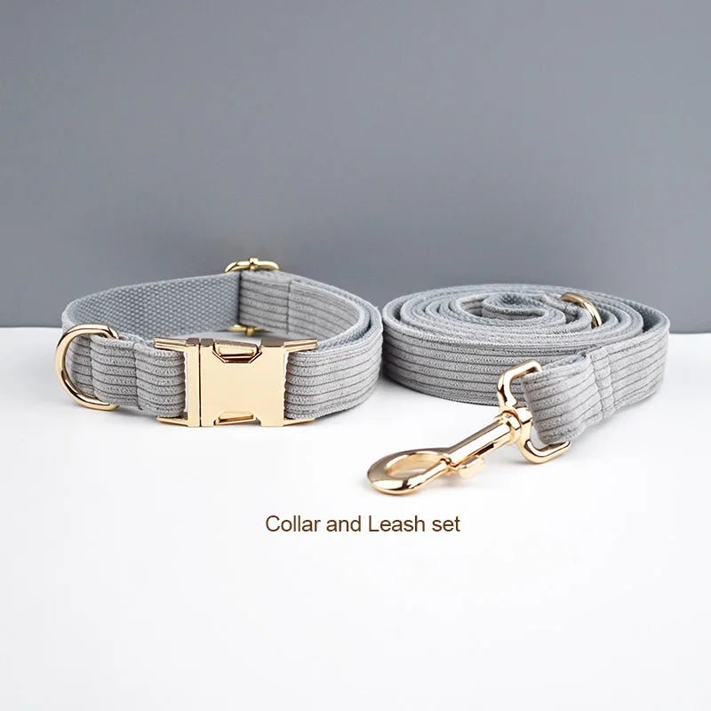 Petspuff Personalised Light Grey Corduroy Dog Collar & Lead Set – Engraved Name Tag, Bow & Harness