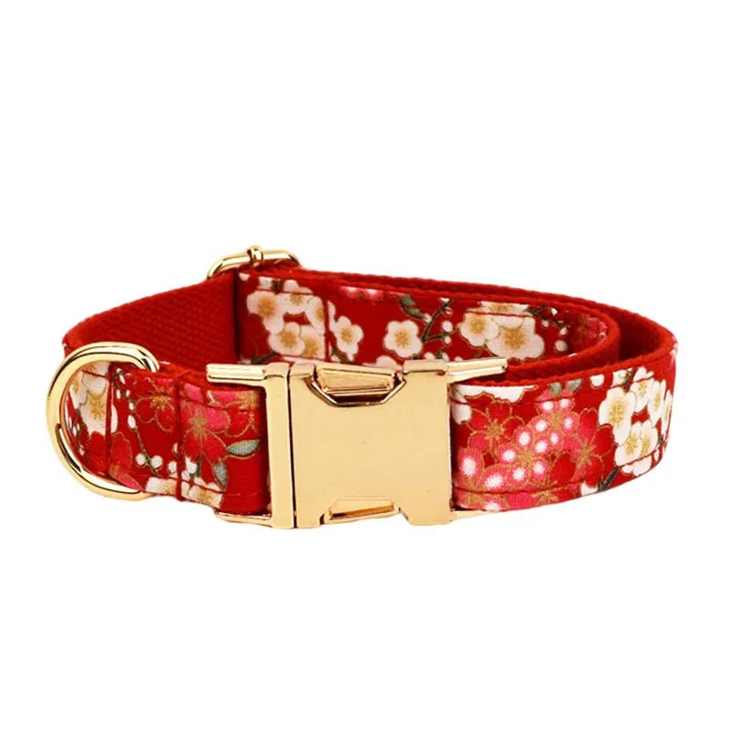 Petspuff Personalised Red Floral Cotton Dog Collar, Harness & Lead Set – Engraved Name Tag, Bow & Flower