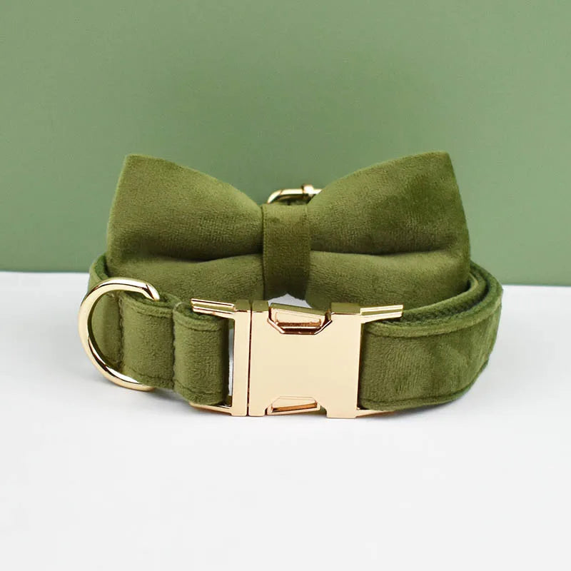 Petspuff Personalised Velvet Dog Collar with Gold Buckle, Bow Tie & Lead – Engraved Name Tag