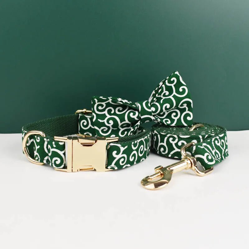 Petspuff Green Leaf Print Cotton Dog Collar, Harness & Lead Set with Bow – XS–XL