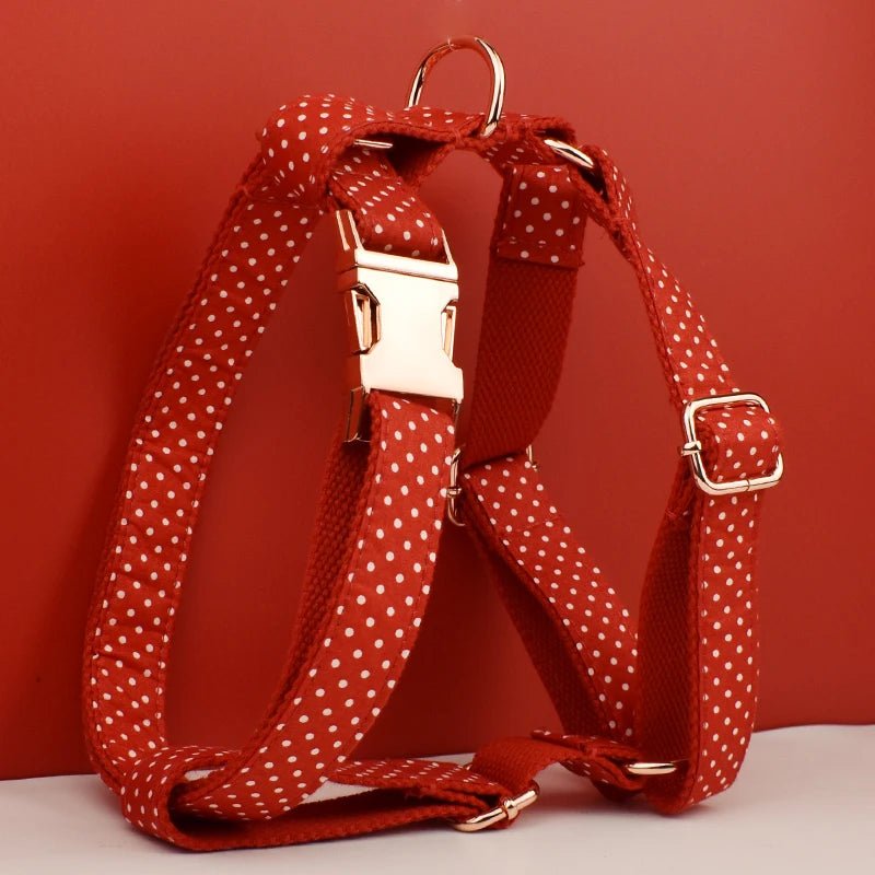 Petspuff Personalised Polka Dot Dog Collar & Lead Set – Engraved Name Tag, Bow & Harness - Petspuff