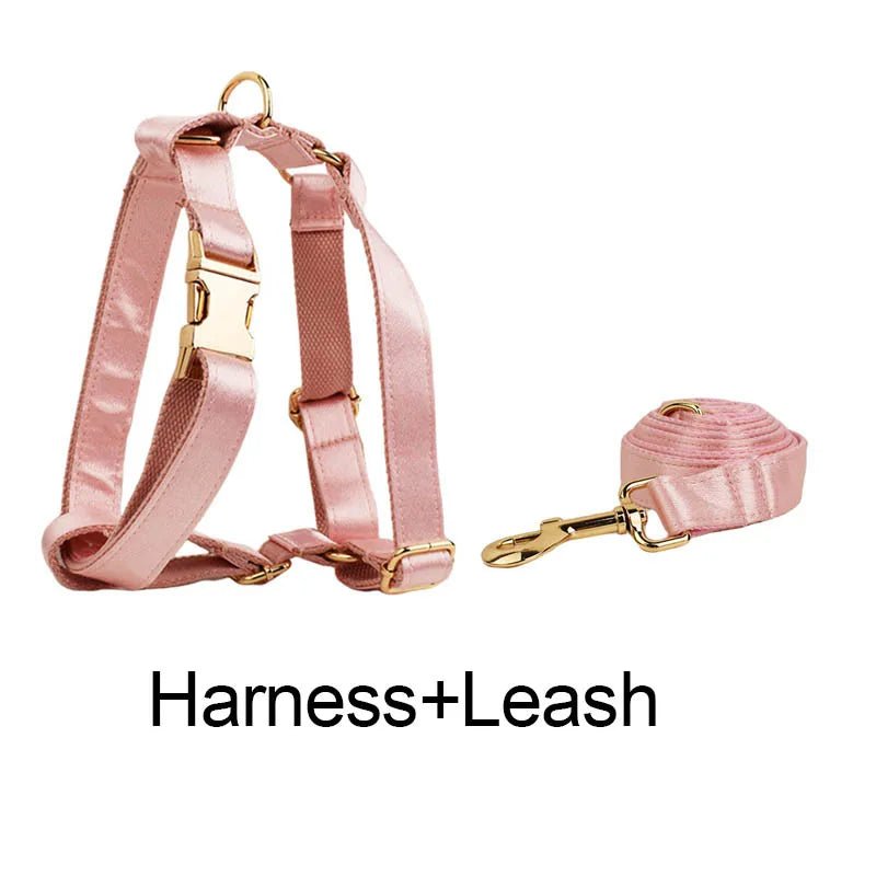 Petspuff Personalised Pink Crystal Print Dog Collar, Harness & Lead Set – Engraved Name Tag & Bow - Petspuff