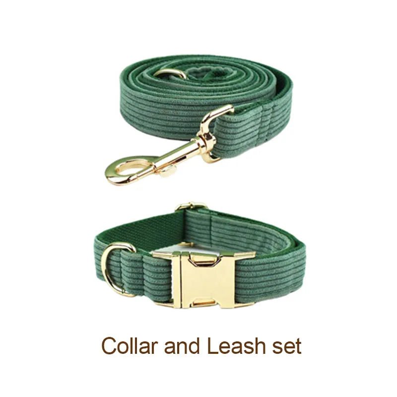 Petspuff Personalised Dark Green Corduroy Dog Collar & Lead Set – Engraved Name Tag, Bow & Harness - Petspuff