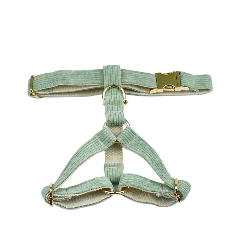 Petspuff Personalised Light Green Corduroy Dog Collar & Lead Set – Engraved Name Tag, Bow & Harness