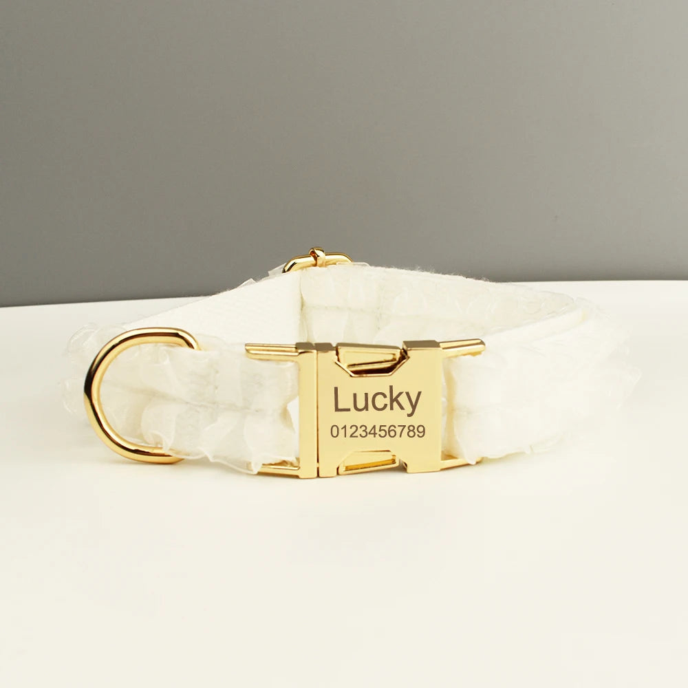 Petspuff Personalised White Lace Dog Collar, Harness & Lead – Engraved Name Tag | Wedding Dog