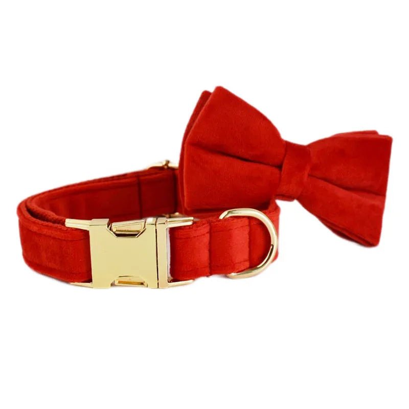 Petspuff Personalised Red Velvet Dog Collar & Lead Set – Engraved Name Tag, Bow & Harness - Petspuff