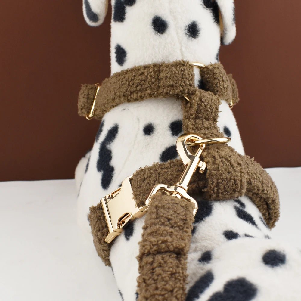 Petspuff Personalised Teddy Fleece Dog Collar & Lead Set – Engraved Name Tag, Harness | 4 Colours - Petspuff