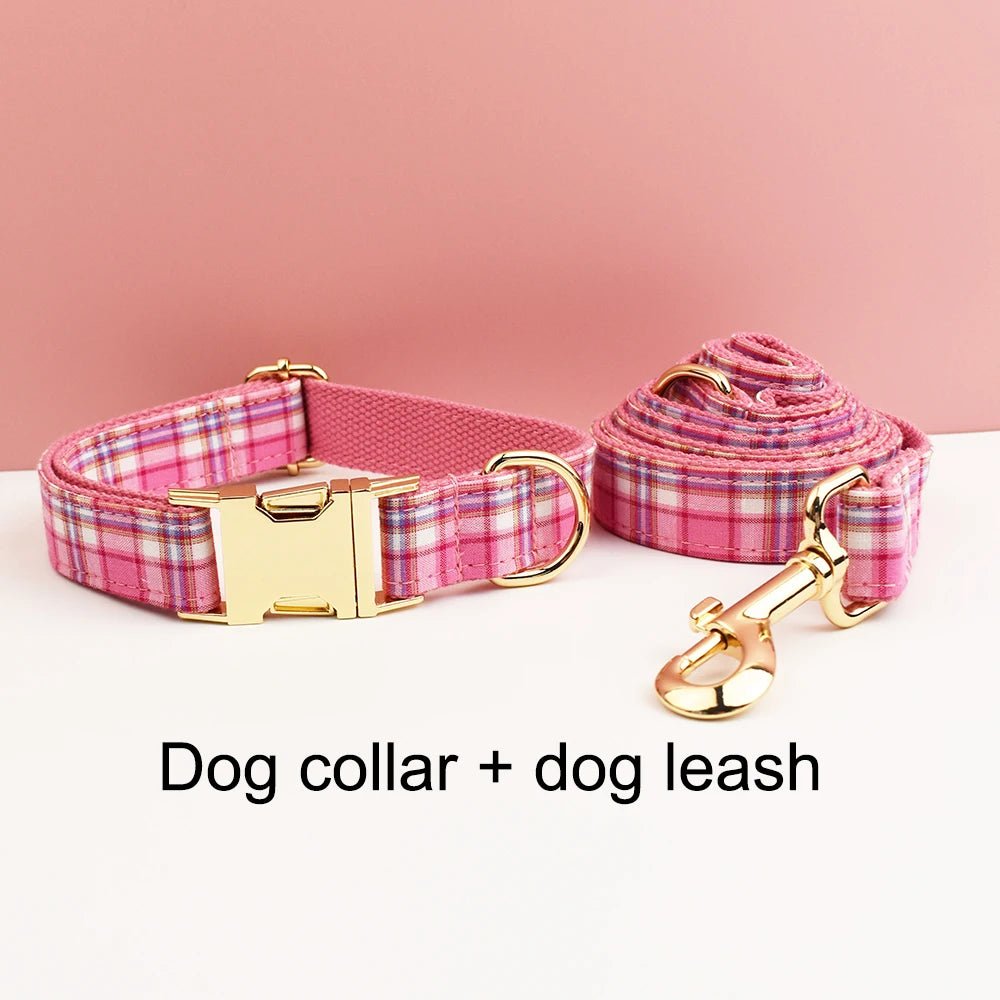 Petspuff Personalised Rose Pink Plaid Dog Collar, Harness & Lead Set – Engraved Name Tag
