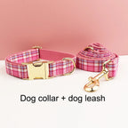 Petspuff Personalised Rose Pink Plaid Dog Collar, Harness & Lead Set – Engraved Name Tag
