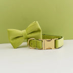 Petspuff Personalised Velvet Dog Collar with Gold Buckle, Bow Tie & Lead – Engraved Name Tag