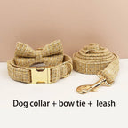 Petspuff Personalised Light Khaki Dog Collar, Harness & Lead Set – Engraved Nameplate & Bow