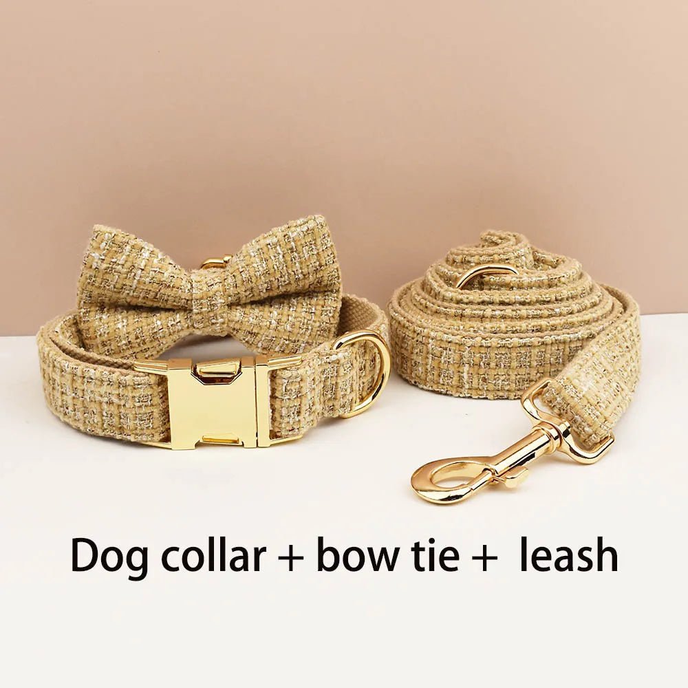 Petspuff Personalised Light Khaki Dog Collar, Harness & Lead Set – Engraved Nameplate & Bow