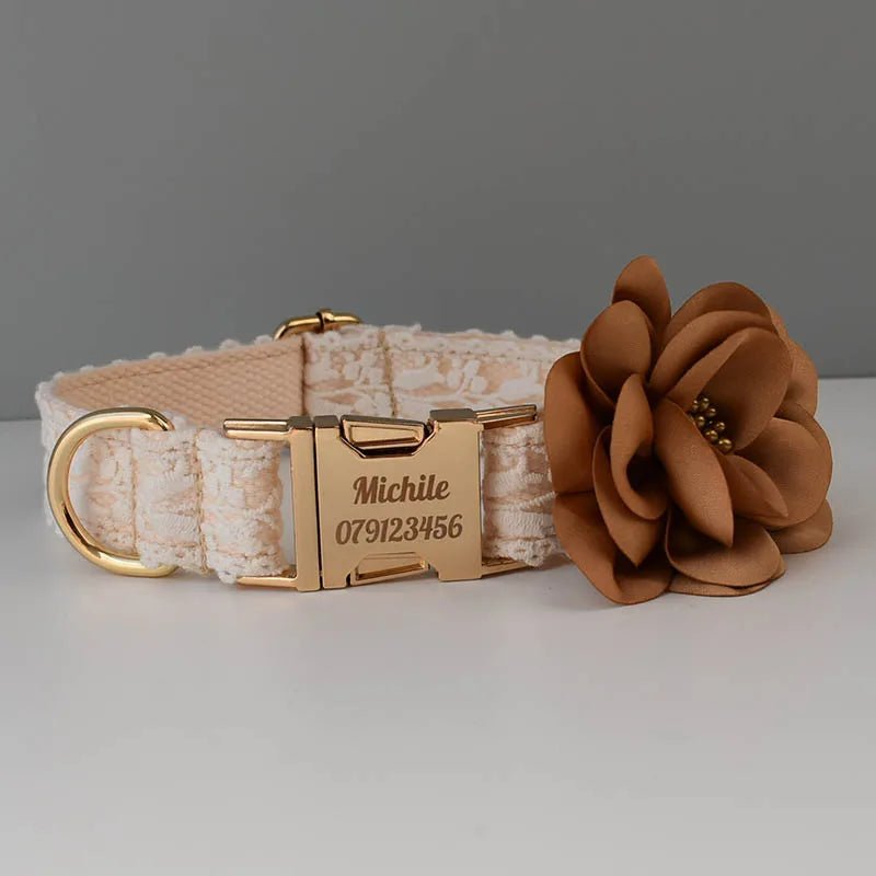 Petspuff Personalised Lace Dog Collar & Lead – Gold or Rose Gold, Engraved Nameplate | Wedding
