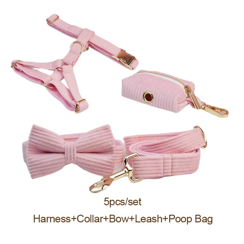 Petspuff Personalised Pink Corduroy Dog Collar & Lead Set – Engraved Name Tag, Bow & Harness
