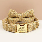 Petspuff Personalised Light Khaki Dog Collar, Harness & Lead Set – Engraved Nameplate & Bow