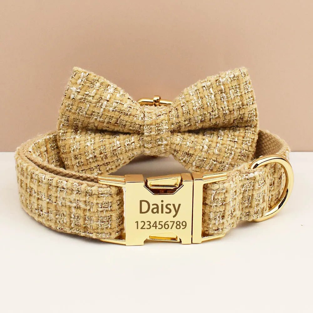 Petspuff Personalised Light Khaki Dog Collar, Harness & Lead Set – Engraved Nameplate & Bow