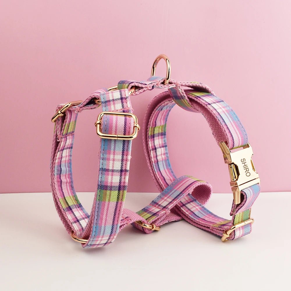 Petspuff Personalised Plaid Dog Collar, Harness & Lead Set – Engraved Name Tag & Bow - Petspuff