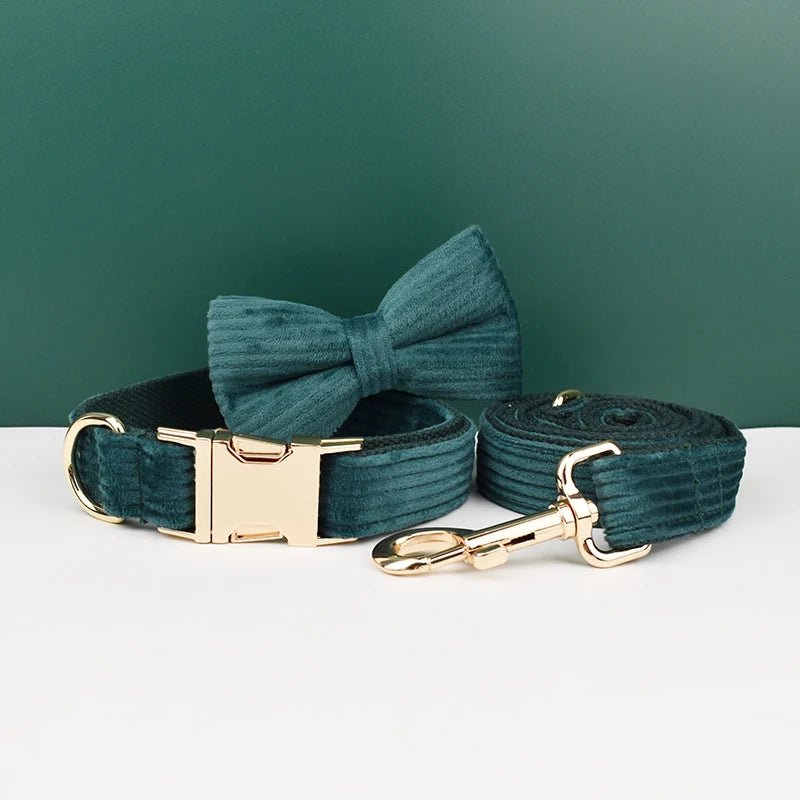 Petspuff Personalised Forest Green Corduroy Dog Collar & Lead Set – Engraved Name Tag, Bow & Harness - Petspuff