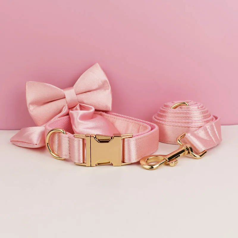 Petspuff Personalised Pink Crystal Print Dog Collar, Harness & Lead Set – Engraved Name Tag & Bow - Petspuff