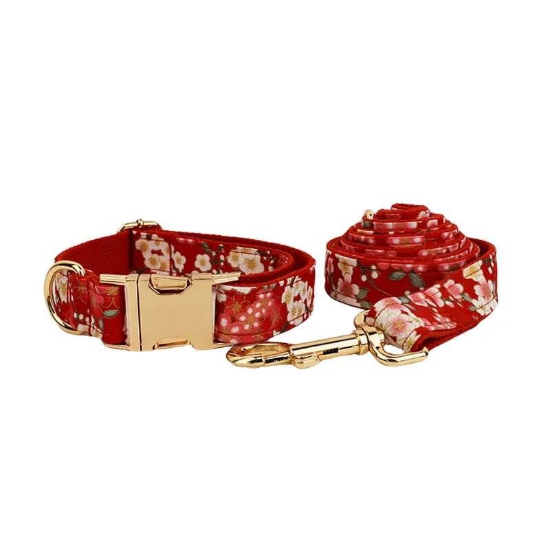 Petspuff Personalised Red Floral Cotton Dog Collar, Harness & Lead Set – Engraved Name Tag, Bow & Flower