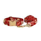 Petspuff Personalised Red Floral Cotton Dog Collar, Harness & Lead Set – Engraved Name Tag, Bow & Flower