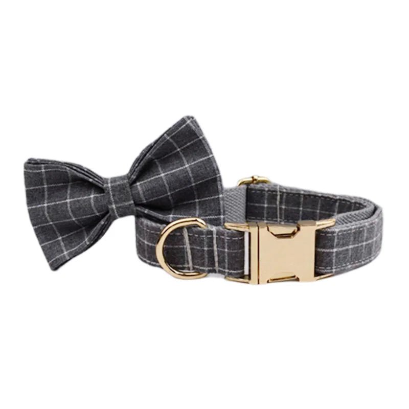 Petspuff Personalised Grey Check Dog Collar, Harness & Lead Set – Engraved Name Tag, Bow & Poop Bag Holder