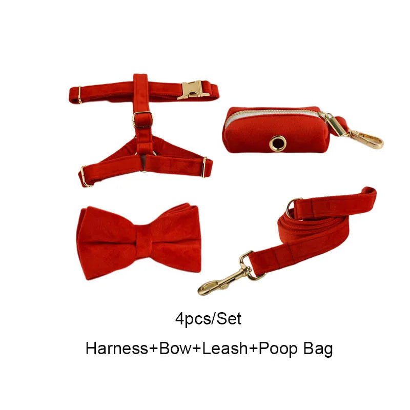 Petspuff Personalised Red Velvet Dog Collar & Lead Set – Engraved Name Tag, Bow & Harness - Petspuff