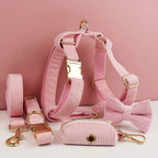 Petspuff Personalised Pink Corduroy Dog Collar & Lead Set – Engraved Name Tag, Bow & Harness