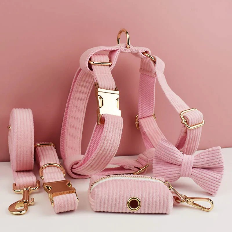 Petspuff Personalised Pink Corduroy Dog Collar & Lead Set – Engraved Name Tag, Bow & Harness