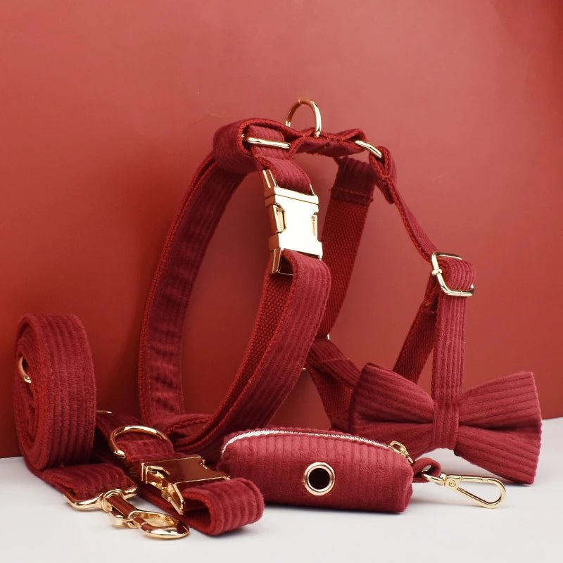 Petspuff Personalised Burgundy Corduroy Dog Collar, Harness & Lead Set – Engraved Name Tag & Poop Bag Holder - Petspuff
