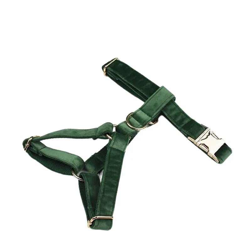 Petspuff Personalised Forest Green Velvet Dog Collar & Lead Set – Engraved Name Tag, Bow & Harness - Petspuff