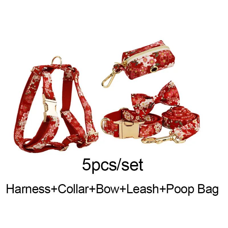 Petspuff Personalised Red Floral Cotton Dog Collar, Harness & Lead Set – Engraved Name Tag, Bow & Flower
