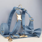 Petspuff Personalised Blue Denim Cotton Dog Collar, Harness & Lead Set – Engraved Name Tag & Bow