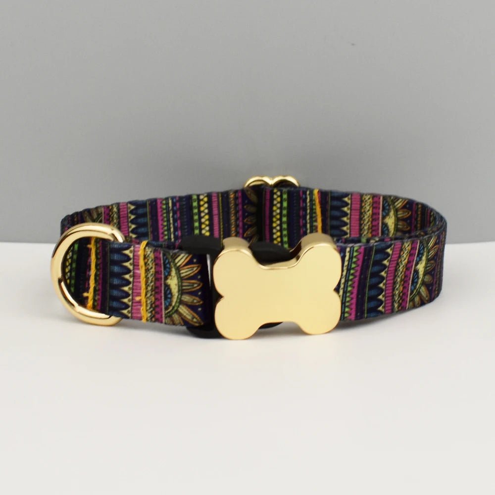 Petspuff Personalised Boho Dog Collar & Lead – Engraved Nameplate | 5 Designs, S–XL