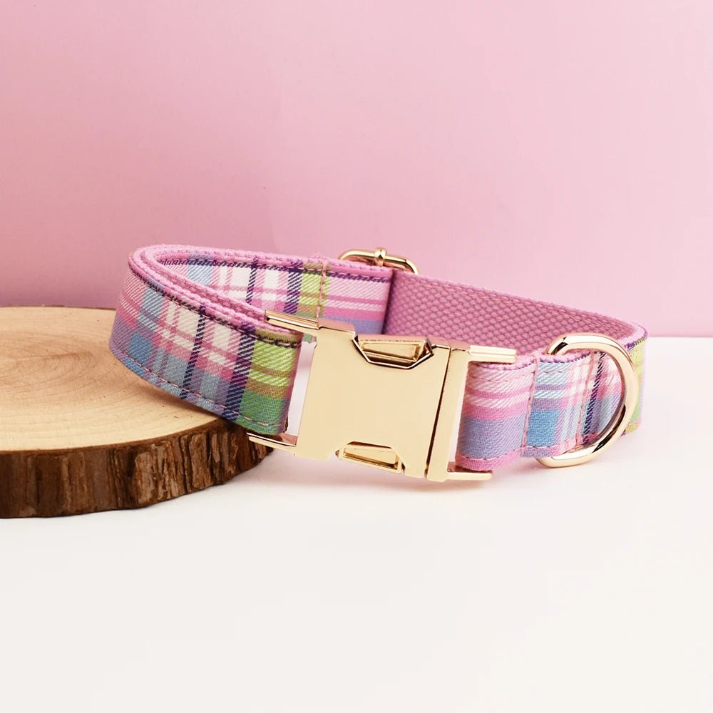 Petspuff Personalised Plaid Bow Dog Collar & Lead – Engraved Name Tag | 7 Designs, XS–XL - Petspuff