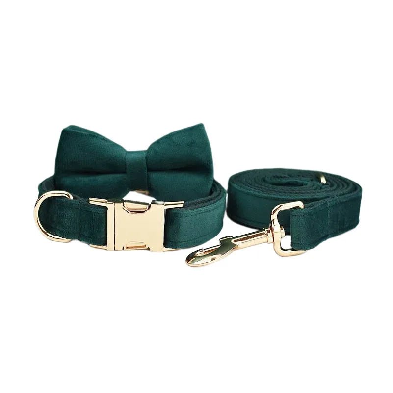 Petspuff Personalised Green Velvet Dog Collar & Lead Set – Engraved Name Tag, Bow & Harness - Petspuff