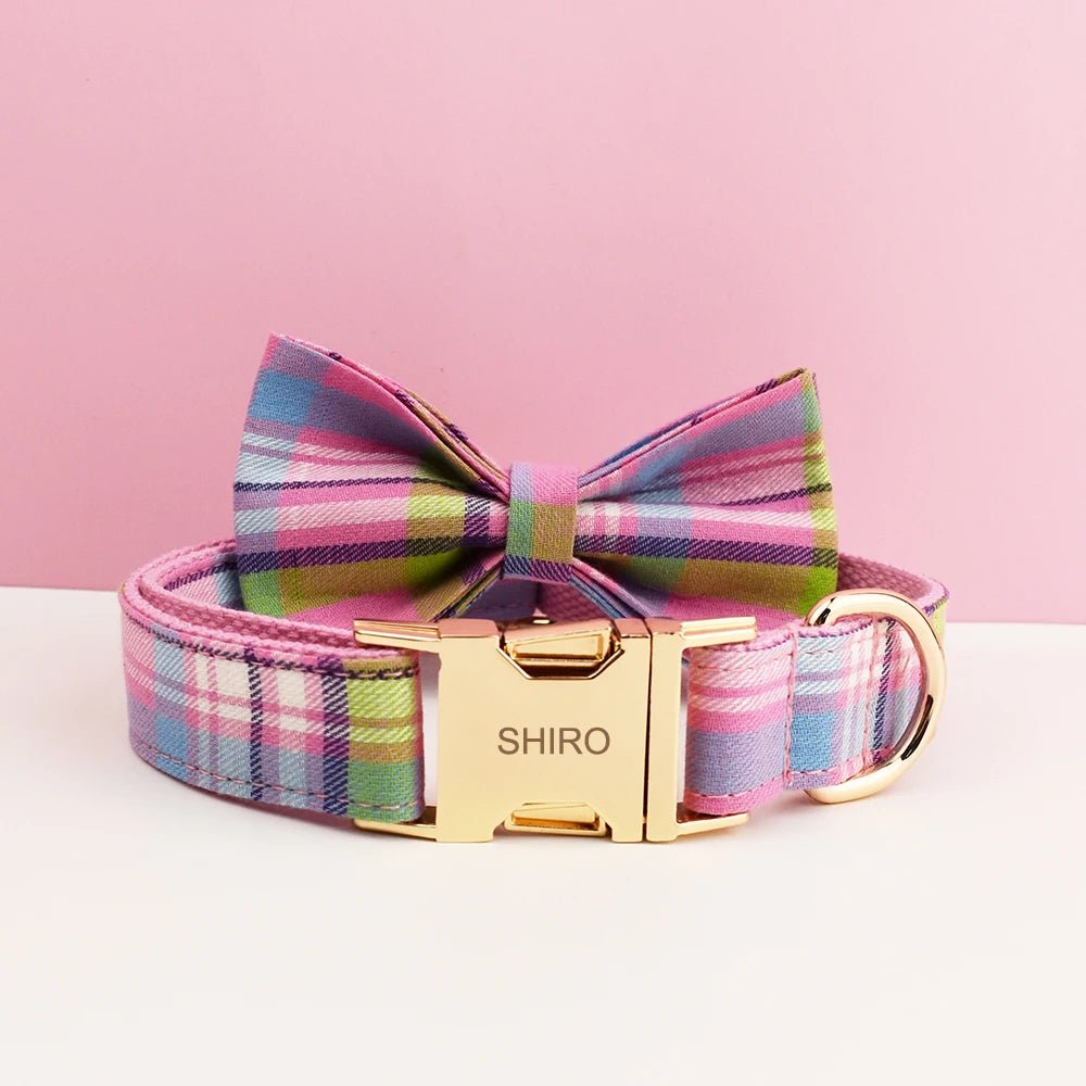 Petspuff Personalised Plaid Dog Collar, Harness & Lead Set – Engraved Name Tag & Bow - Petspuff